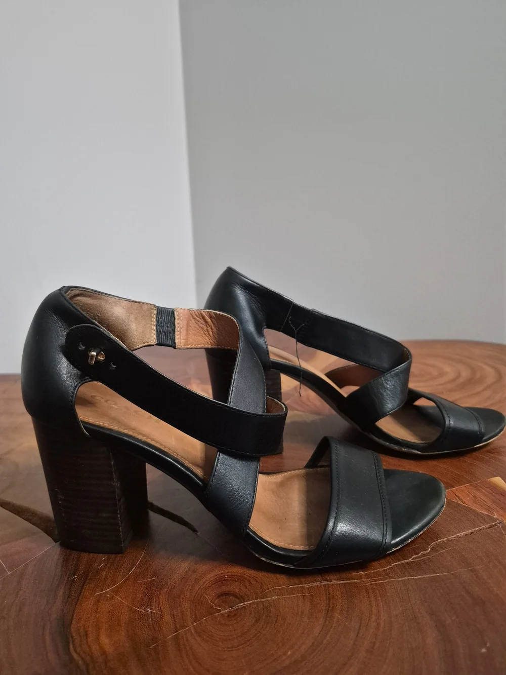 Coach Black Leather Block Heel Sandals with Gold-Tone Accent - 6